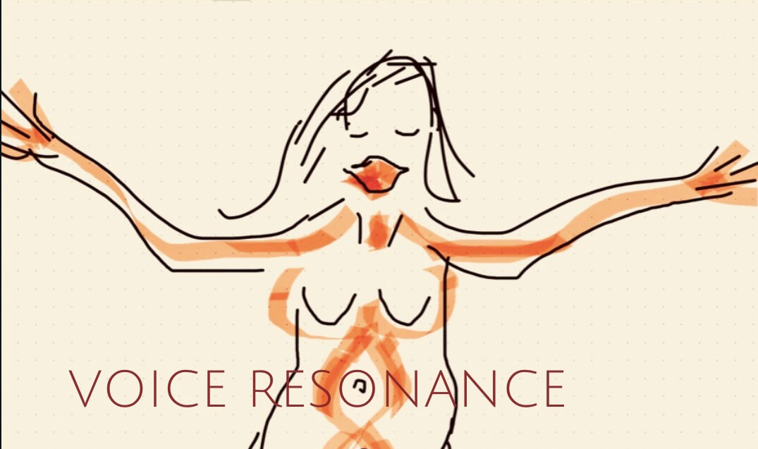 Voice Resonance - Strichzeichnung einer Frau auf beigefarbenem Hintergrund